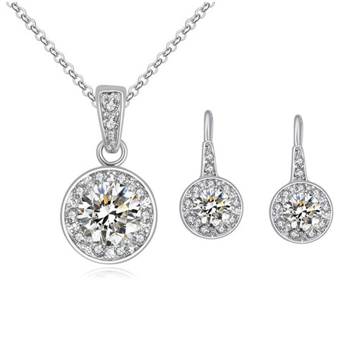 

Luxury Zircon Earrings Necklaces Party Jewelry Set Women Fashion Brief High Quality Platinum Plated Circle 2-Piece Set Wedding Jewelry, White