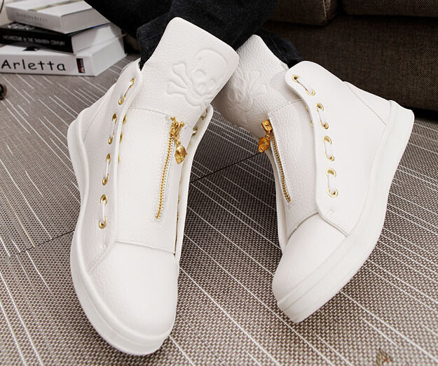 Quality Men Leather Shoes 2016 Winter High Top Skull Gold Zipper Design men Shoes Hip Hop Skeleton Mens Joggers Zapatillas Homme,size39-44