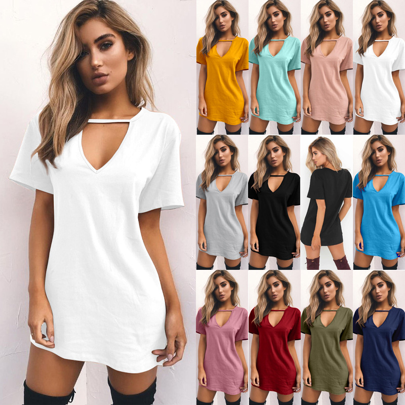 

Europe United States Spring sexy solid color deep V short sleeve T shirt loose casual dress,Support mixed batch, Light green