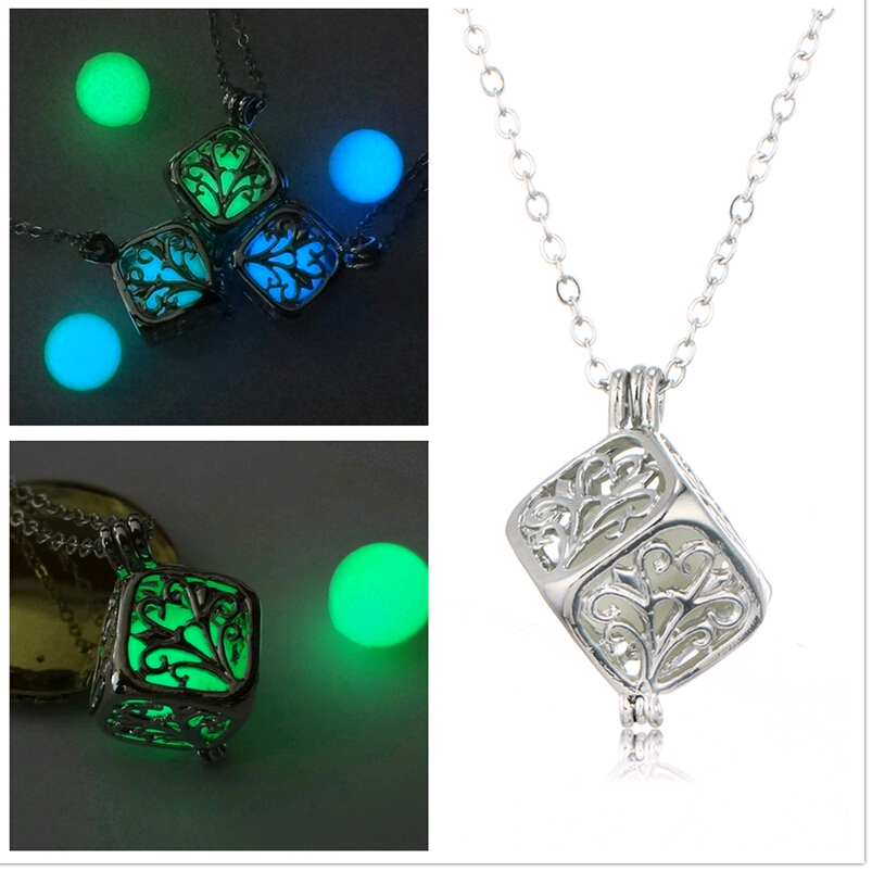 

Magic Cube Noctilucent Lockets Life Tree Hollow out Pattern Luminous Beads Square Pendants Necklaces for Sale Glow in Dark