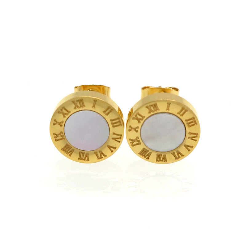 

Top Quality Elegant And Charming White Shell And Black Agate Roman Numerals Stud Earrings For Women/Men Girls Piercing Jewelry