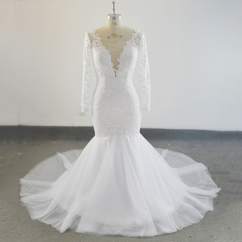 

Real Sample Lace Mermaid Wedding Dress With Long Sleeves Appliques Sweep Train Robe De Mariee Bridal Wedding Gowns Plus Size, Ivory