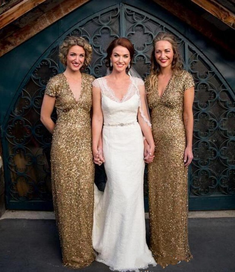 

Shinny Gold Sequined Sheath Bridesmaid Dresses Deep v Neck Short Sleeve Maid Of Honor Gowns Floor Length Wedding Guest Formal Dresses