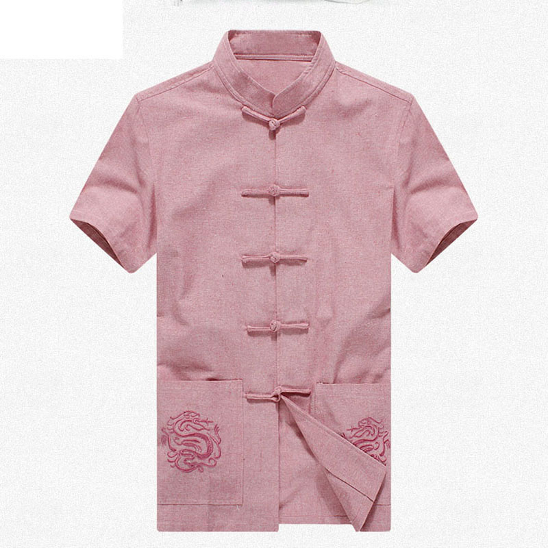 

Wholesale- Pink Brand New Arrival Chinese Traditional Men's Solid Cotton Linen Embroider Shirts Tops  L XL XXL 3XL MS201507, As pic