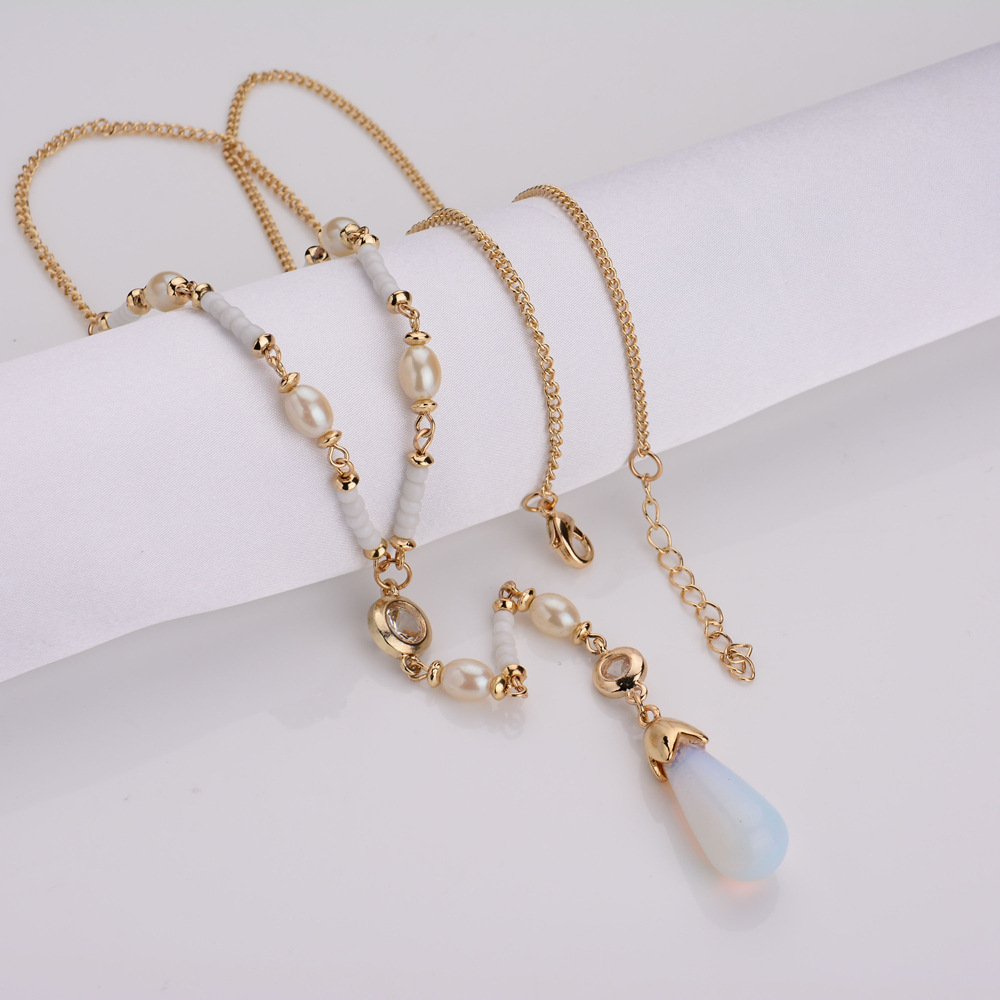 

2017 Fashion Unique Long Moonlight Stone Pendant Necklace Pearl Beaded Statement Necklaces Geometry Choker Jewelry for Women
