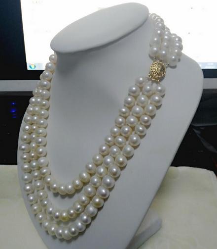 

Triple Strands 9-10mm Tahitian White Pearl Necklace 18inch 19inch 20inch