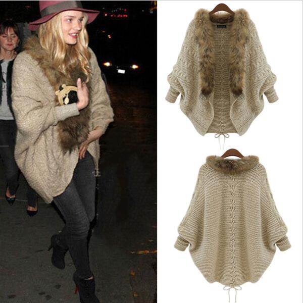 

Women Winter Cardigan Thick Poncho Capes Pull Femme Autumn Brand Fashion Knitted Fur Collar Wool Sweater Jacket Batwing Sleeve Coat, Beige