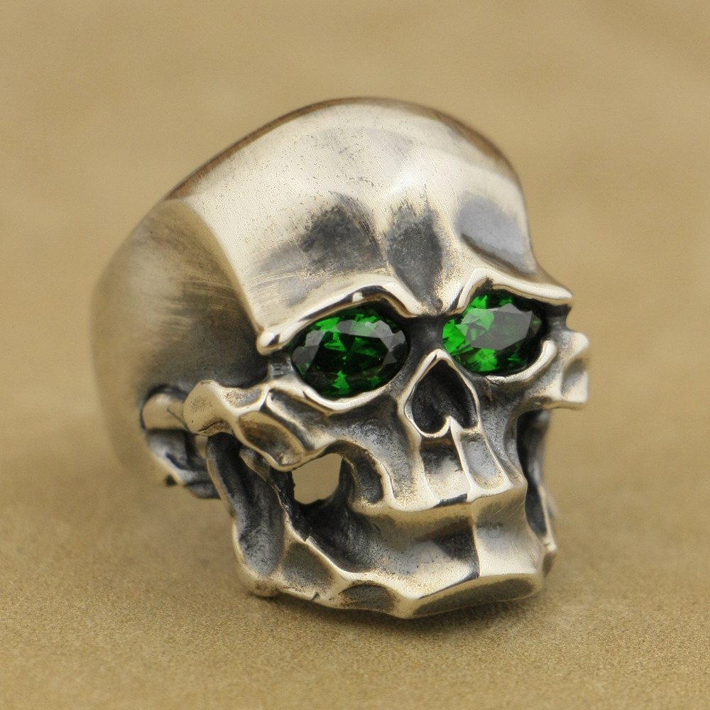 

LINSION Heavy 925 Sterling Silver Green CZ Skull Mens Biker Punk Ring TA45 US Size 7 to 15