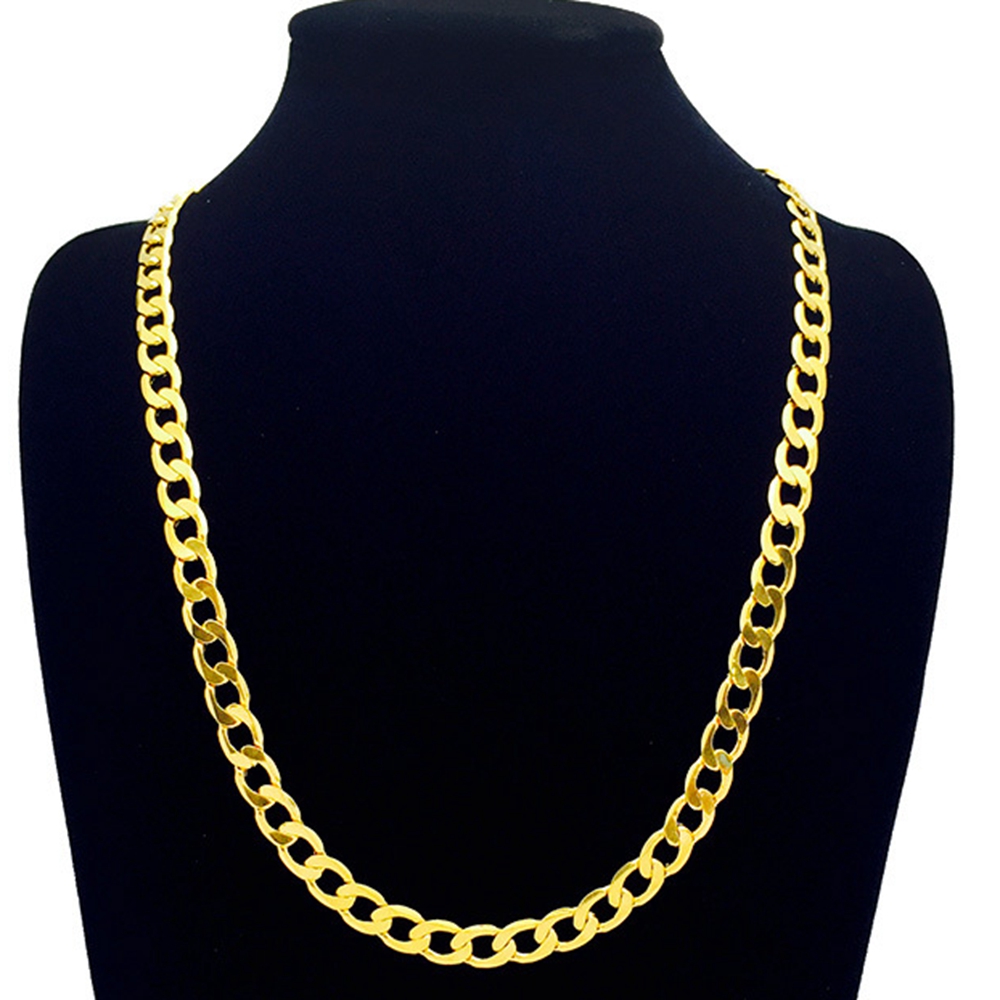 Statement Jewelry Curb Chain 24k Yellow Gold Filled Solid Necklace For Women Men 24in Long-image-392007878