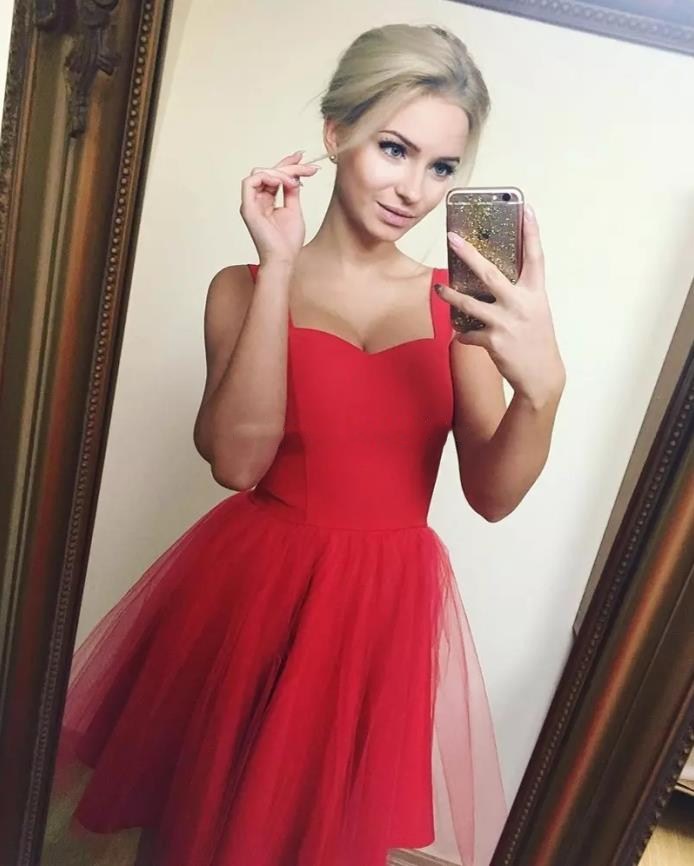 

Sweetheart Straps Short Empire Ruffle Ball Gown Square-neck Knee Length Satin Tulle Homecoming Cocktail Prom Dress, Ivory