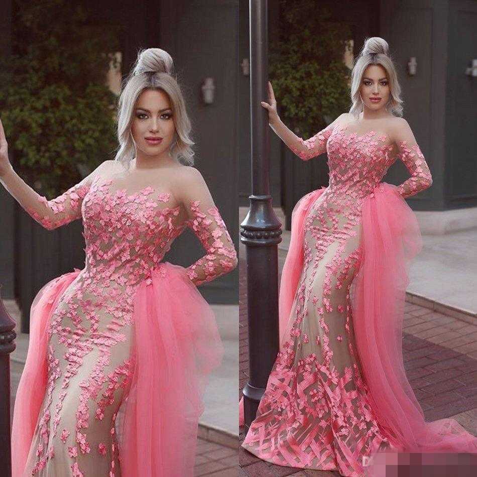 

2019 New Collection 3D Flora Appliques Evening Dresses Jewel Neck Water Melon Color Detachable Train Formal Prom Party Gown For Arabic Style, Royal blue