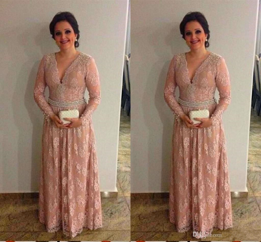 

Vintage Pink Lace Mother of Bride Groom Dresses Long Sleeves Pearls Plus Size Wedding Guest Dress