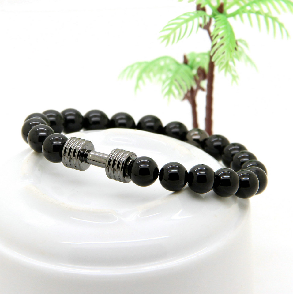 

Hot Sale 1PCS Real Gold & Silver Plated Metal New Barbell & 8mm Stone Beads Fitness Fashion Dumbbell Bracelets