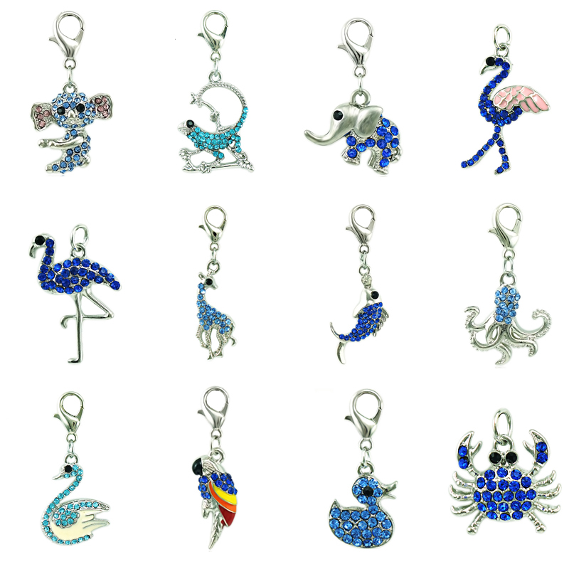

Mix Sale Bulk Fashion Floating Lobster Clasp Charms Blue Rhinestone Animal Pendants DIY For Jewelry Making Accessories, Bronze;silver