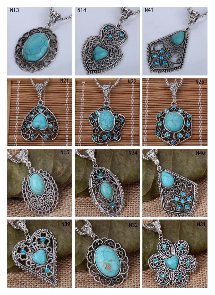 

Hollow Tibetan silver turquoise necklace(with chain) 12 pieces a lot mixed style, fashion women's DIY European Beads pendant necklace GTTQN2