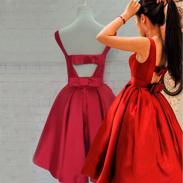 

Lovely Red Homecoming Dresses Short Prom Party Gowns Bateau Neckline Sleeveless Satin Dress Cut Out Open Back with Bows Custom Made, Water melon