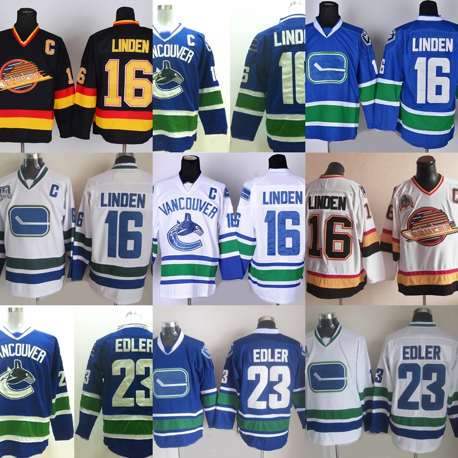 Factory Outlet Men's Vancouver Canucks # 16 Linden # 23 Alexander Edler Bleu Blanc Vert Noir Meilleure Qualité Date Hot Sale maillots de hockey s