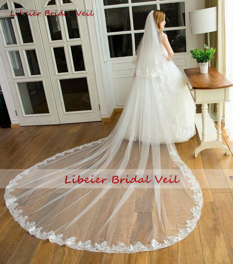 

New Luxury Soft Tulle Two Layer Lace Applique Edge With Comb Lvory White Wedding Veil Cathedral Bridal Veils Three Meters Long