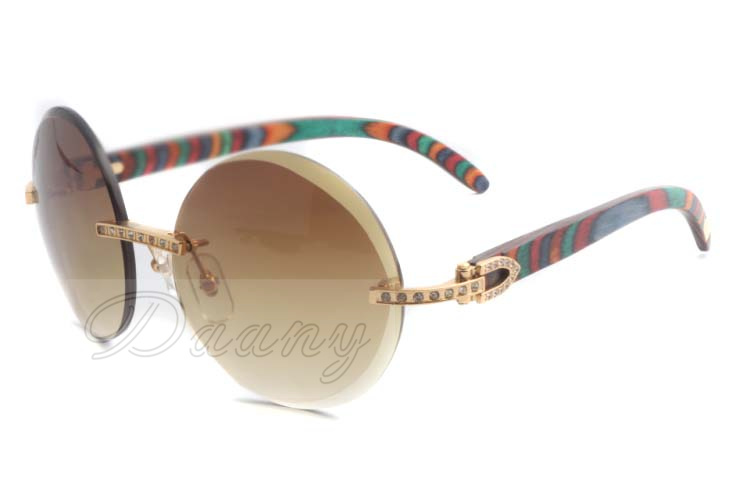 

2019 new style full diamonds, round trendy sunglasses 3524012 with natural peacock wood arms, in gold Size: 56-18-135 mm