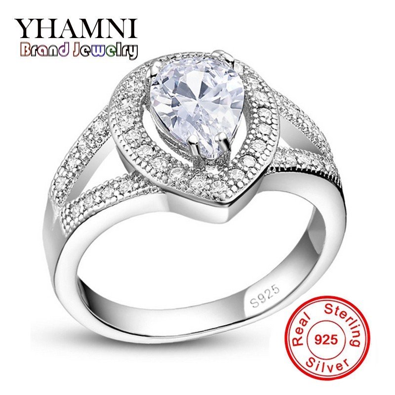 YHAMNI Original Classic Water Drop Ring 100% 925 Sterling Silver Ring With S925 Stamp 2ct CZ Diamond Wedding Rings For Women H355