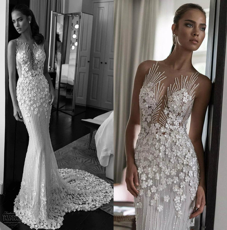 

Elihav Sasson 3d Applique Sequined Wedding Dresses Sheer Jewel Sweep Train Mermaid Berta Wedding Gowns Custom Made, Ivory