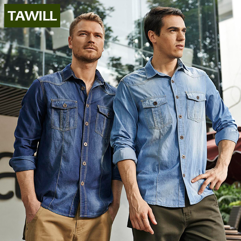 

Wholesale- TAWILL Brand Clothing Men Shirt Long Sleeve Denim Shirt Men Fashion 2017 Spring High Quality Plus 4XL 5XL 6XL 68033, Blue