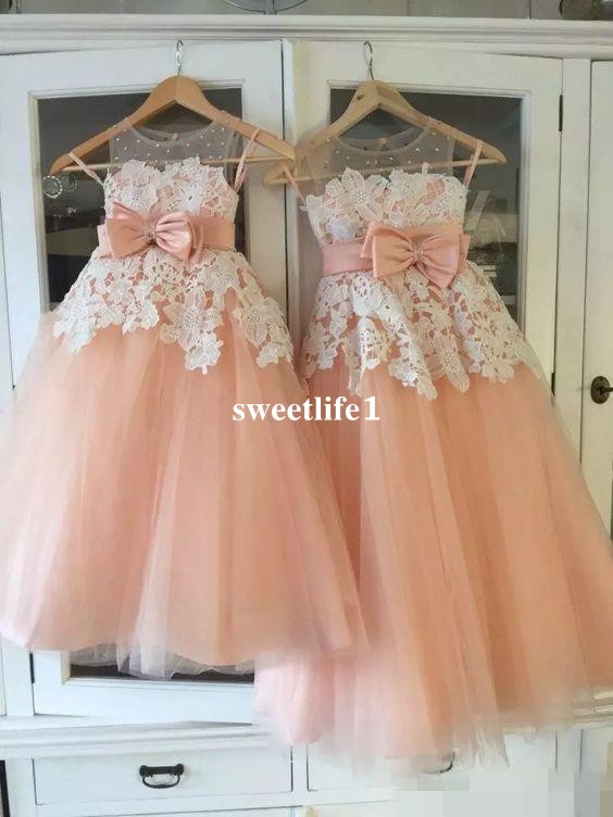 

Real Image 2019 Peach Tulle Flower Girls Dresses Sheer Jewel Neck White Appliques Wasit With Bow For Garden Wedding First Communion Dresses, Gold