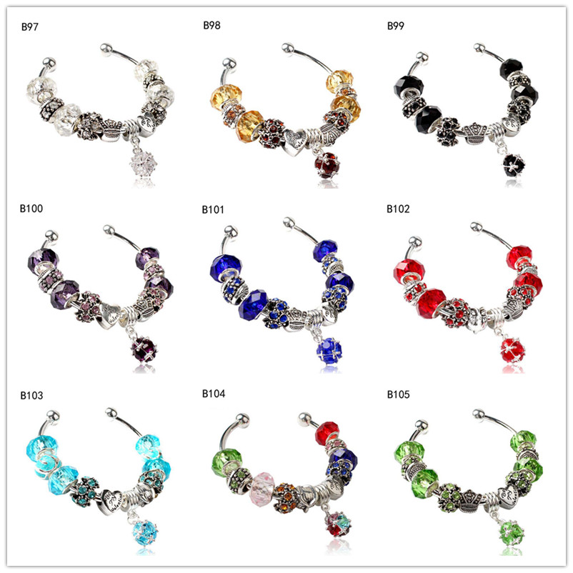 

Wholesale women's Tibetan silver glass beads Charm Bracelet EMPDB11,heart crown DIY European Beads bracelet 6 pieces a lot mixed style
