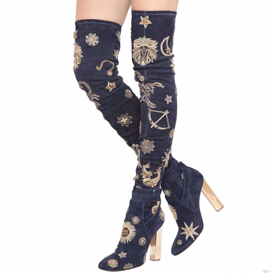 

Autumn 2016 Women Plus Size Buckle Genuine Leather Shoes Suede Over-Knee Boots Women Shoes High Heel Constellation Embroied, Multi