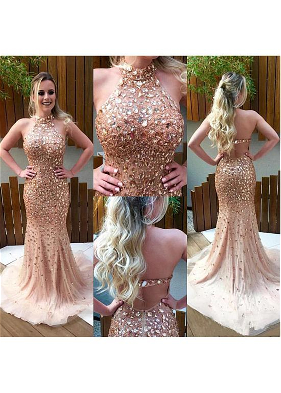 

Halter Neckline Floor-length Mermaid Prom Dresses With Beadings Open Back Rhinestones Crystals Evening Dress vestidos de fiesta cortos, Brown