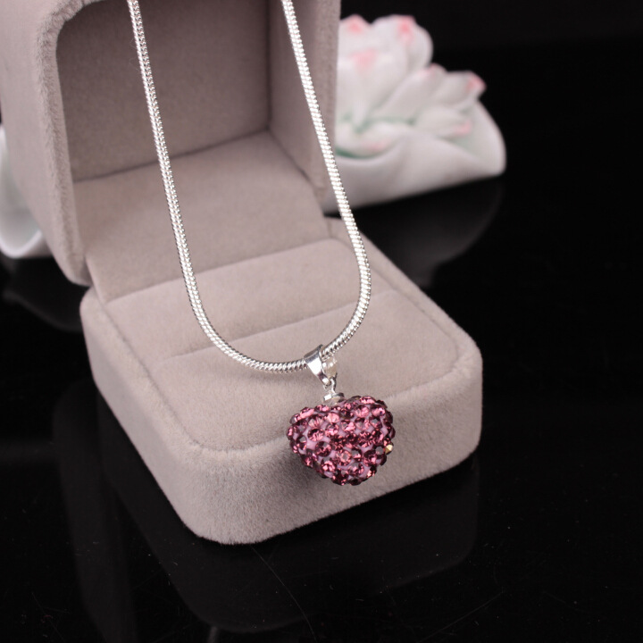 

Korean Crystal Heart shape Pendant Necklace Silver plated snake chains Rhinestone Disco Bead charm For women Fashion Jewelry