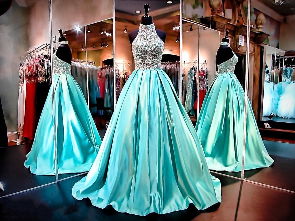 

2017 New Bling Prom Dresses High Neck Illusion Crystal Beading Satin Turquoise Mint Backless Sweep Train Formal Party Dress Evening Gowns, Gray