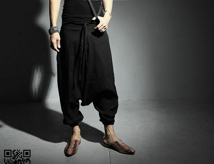 

NEW Men Women Japanese Samurai Style Boho Casual Low Drop Crotch Loose Fit Harem Baggy Hakama Capri Cropped Linen Pants Trousers, Black