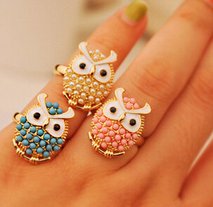 

Owl Pearl Ring For Women Cute Mix Colors Korean Style Girl Jewelry Gift New Hot Wholesale Blue White Pink