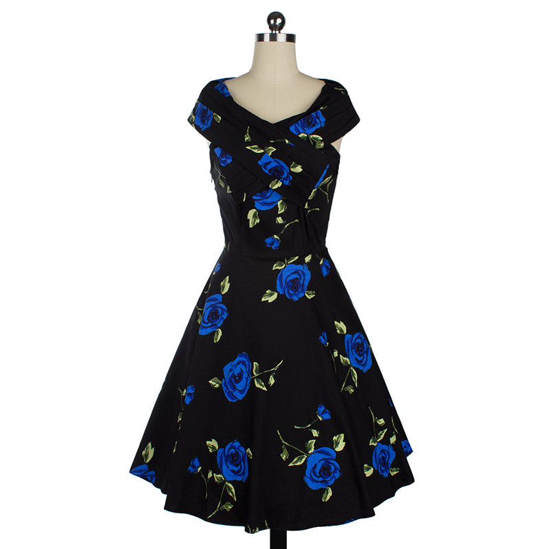 

Womens Elegant 50s 60s Vintage Rose Retro Rockabilly Floral Sexy Party Cocktail Skater Wiggle Flare Swing Dress, Blue