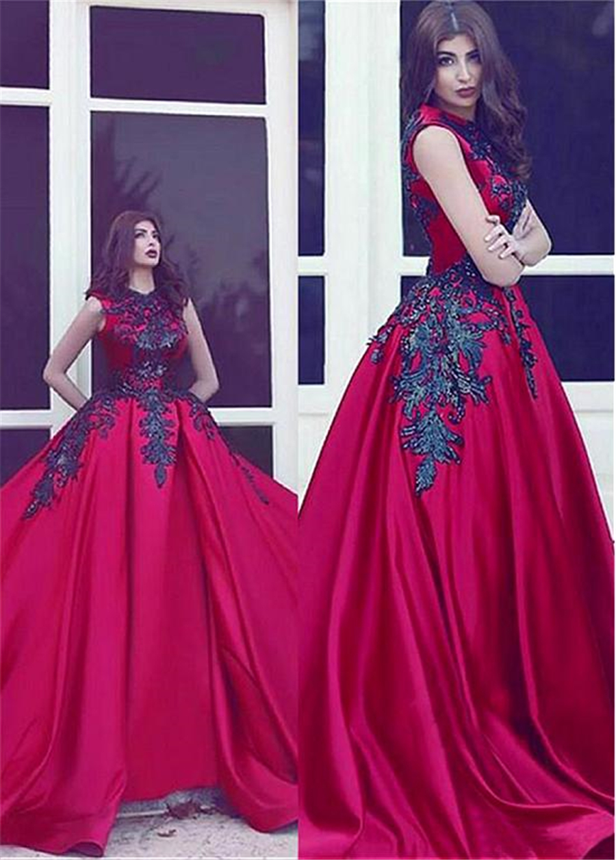 

Satin Jewel Neckline Ball Gown Evening Dresses With Beaded Lace Appliques Matte Stain Prom Dress vestidos de festa curto, Dark green