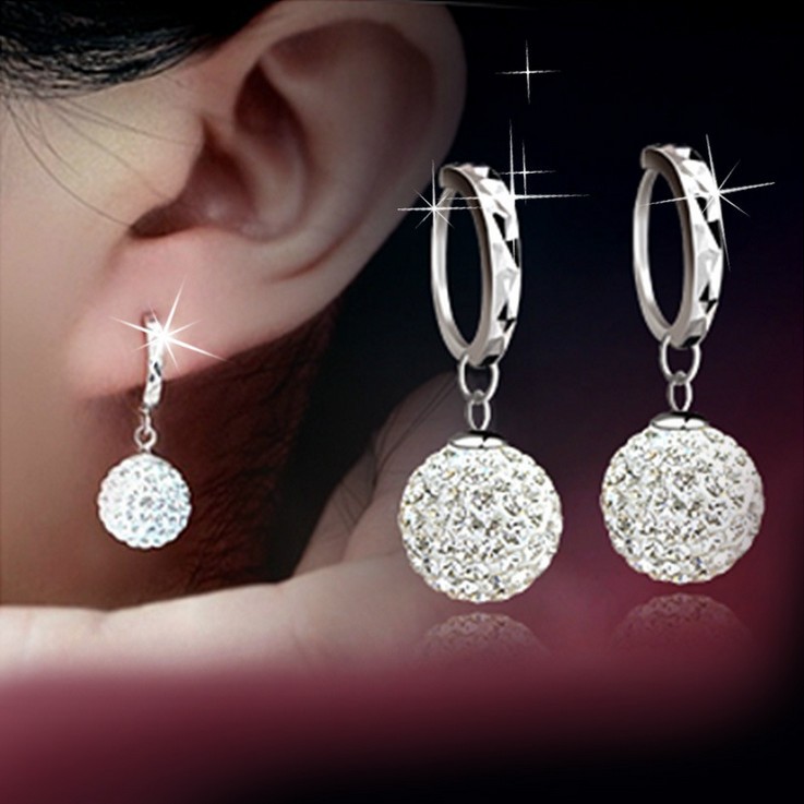 

Unique Women's White Clear Crystal Round Ball Charming Hoop Earrings