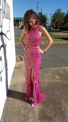 

Two Piece Fuchsia Sequins Prom Dresses 2018 Capped Sleeve Sexy High Side Split back Hollow Fuchsia Pleats Formal Mermaid Party Evening Gowns, Royal blue