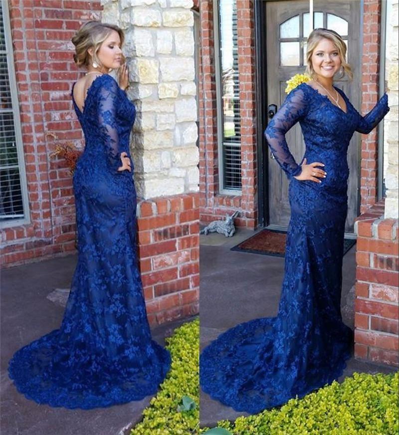

Elegant 2016 New Arrival Navy Blue Lace Mermaid Mother Of The Bride Dresses Modest V Neck Long Sleeves Formal Gowns Custom Made EN3301