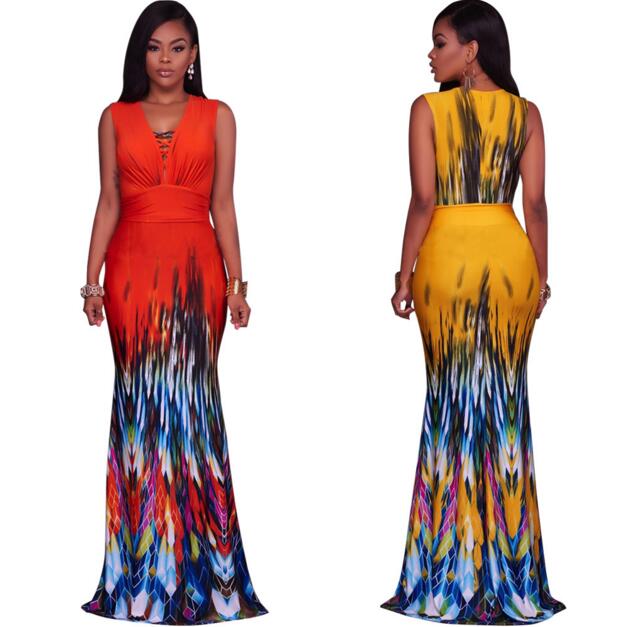 Robe imprimée sans manches Bohemienne décontractée Robes d'été 2017 Chaud Lait de soie longue Jupe longue Holter V Col V Robe d'été sexy