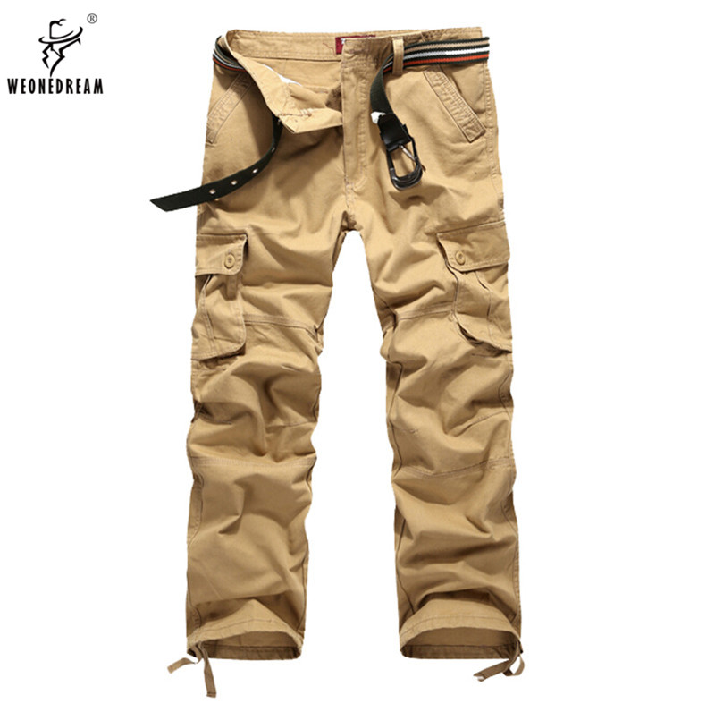 

Wholesale-WEONEDREAM 2016 Men Cargo Long Pants Army Khaki Black Multi Pockets Casual Easy Wash Male Spring Autumn Pants Plus Size 30-44, Army green