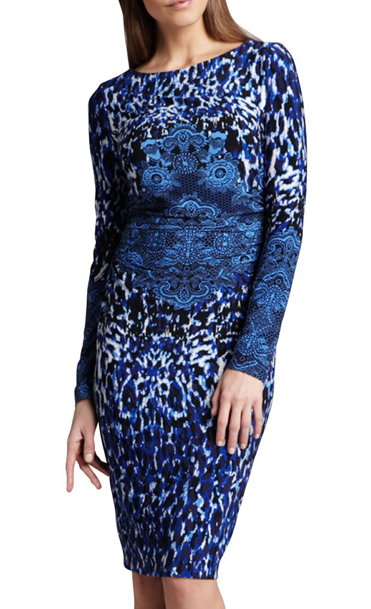 

Fashion Print Women Sheath Dress Elegant Long Sleeve Dresses 064A614, As pictures