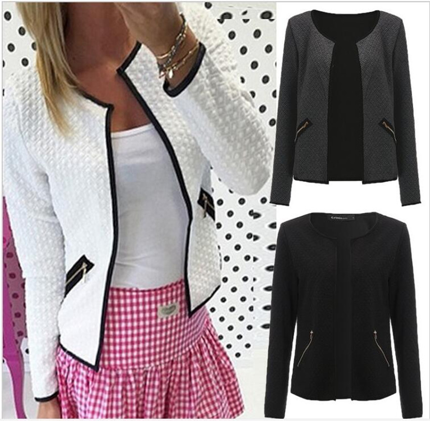 

Wholesale- 2017 Spring autumn -4XL Women Basic Jacket female Long Sleeve Zipper Pockets Slim Short Cardigan Coat Casual Outwear Plus Size, Dark grey