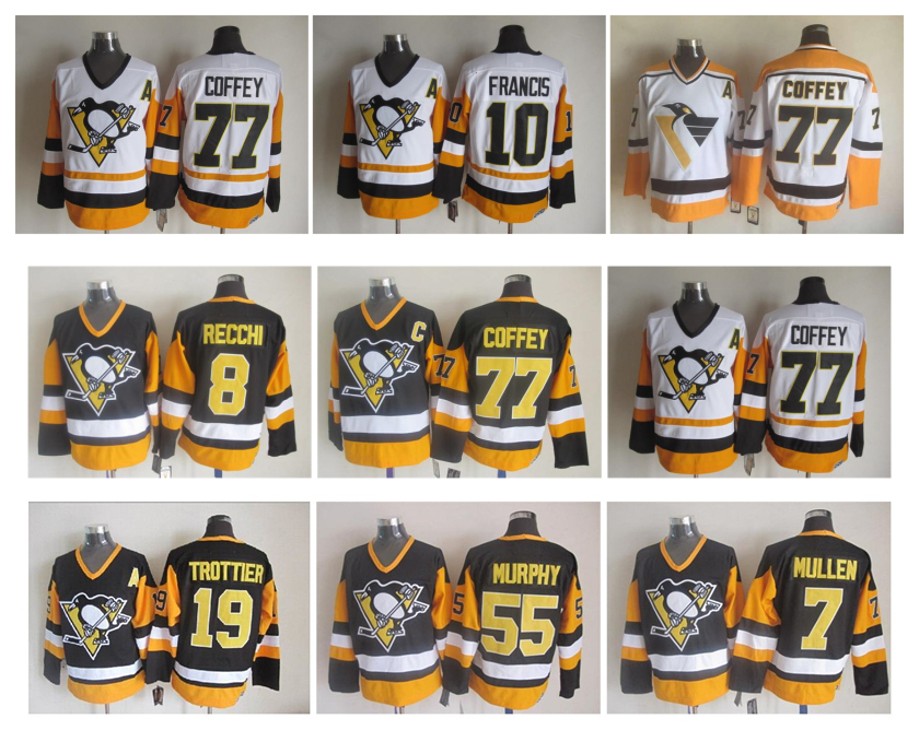 

Retro Pittsburgh Penguins Hockey Jersey 77 Paul Coffey 7 Joe Mullen 8 Mark Recchi 55 Larry Murphy 10 Ron Francis CCM Authentic Jerseys, As pic