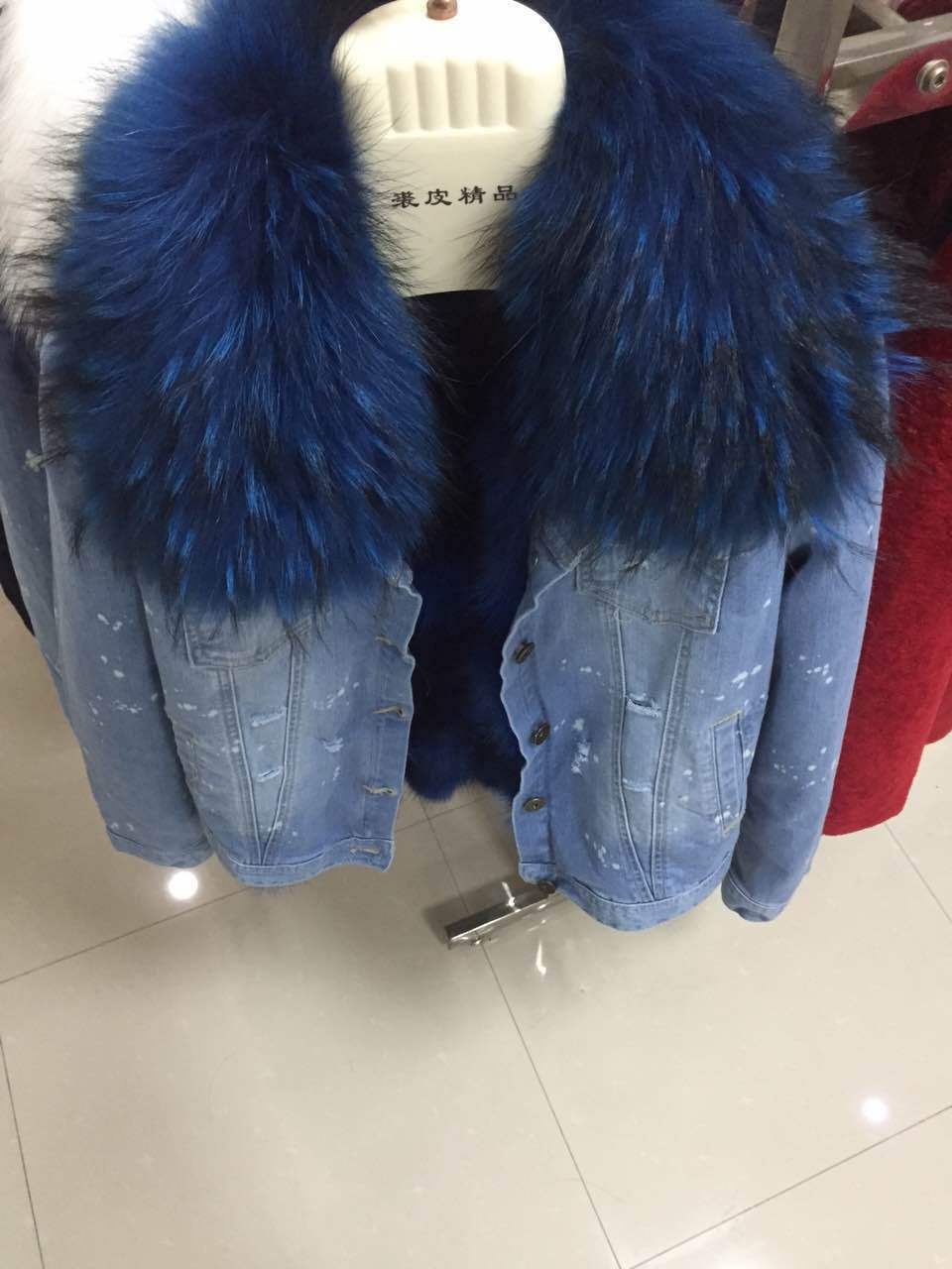 

New arrival Fox fur lined coat Long sleeve denim jacket women short style fur lined parka, Purple fur