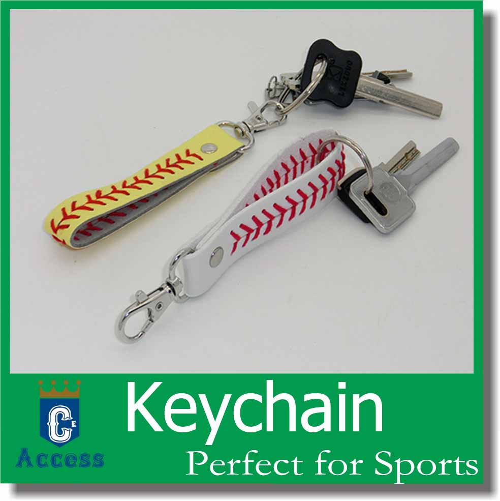 

Free shipping new Arrival keychain 100pcs/lotYellow with Red Seamed Stitching Real Leather Softball Sports keychain, 30 color in stock;please message us