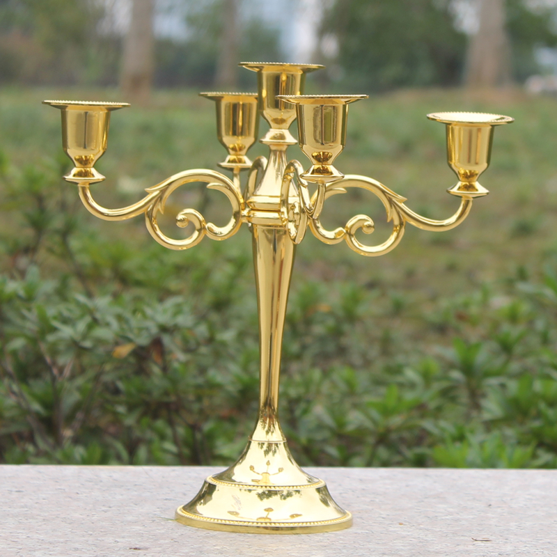 Golden metal candle holder 5-arms candle stand 27cm tall wedding event candelabra candle stick-image-376951216