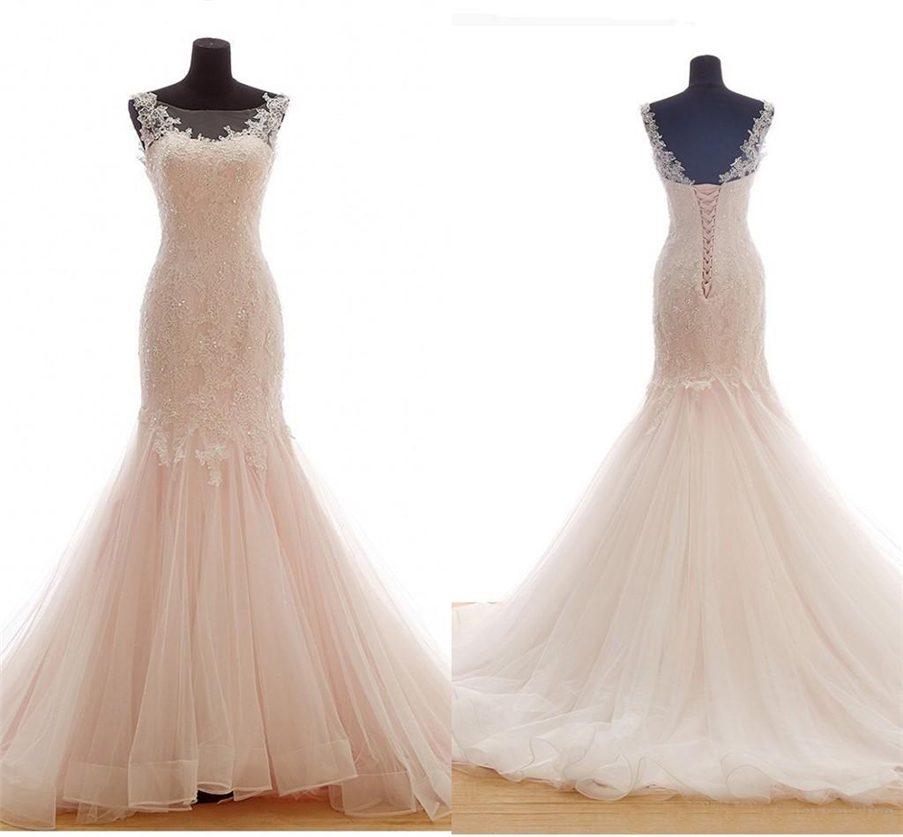 

Sweet Bridal Dresses Beads Tulle Sheer Neck Vintage Wedding Dresses Sexy Wedding Gowns Lace Mermaid Sleeveless Applique Lace Ribbon, Same as image