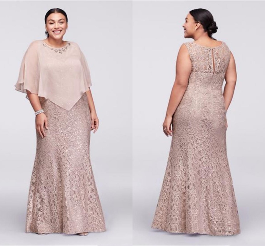 

2020 Champagne New Mother Off Bride Dresses Jewel Neck Full Lace With Cape Wrap Beaded Floor Length Mermaid Plus Size Wedding Guest Dresses