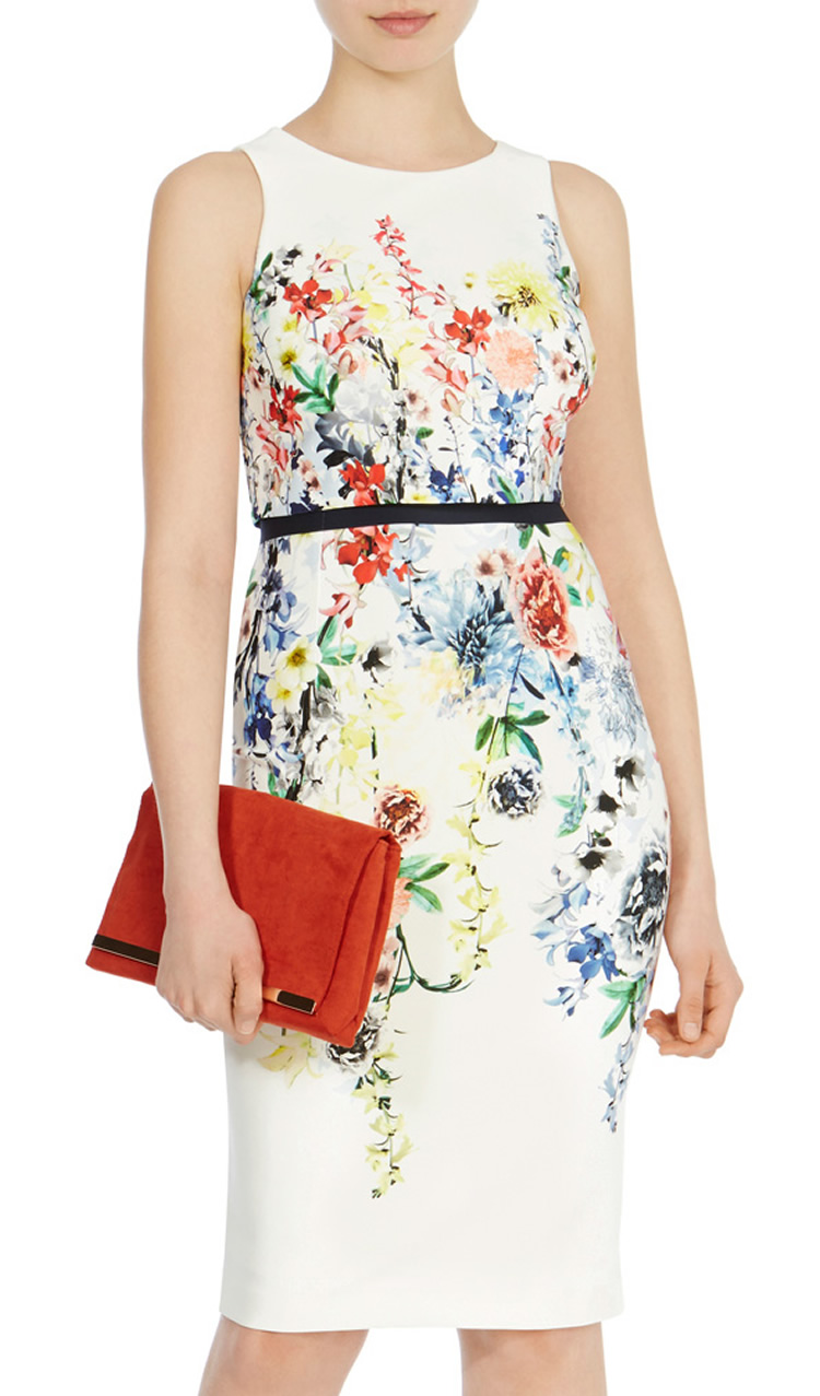 

Flower Print Women Sheath Dress Round Neck Sleeveless Dresses 074A662, As pictures